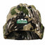 A fleece winter beanie hat in a green, brown, and black camouflage pattern, featuring a black rectangular patch on the front with a white mountain graphic and the text 'Ridgeline Outdoors of New Zealand'.