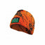 An orange fleece beanie with a black animal print pattern and a green 'Ridelime' brand patch on the front cuff, shown against a plain white background.