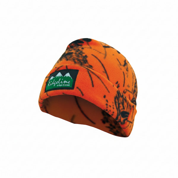 An orange fleece beanie with a black animal print pattern and a green 'Ridelime' brand patch on the front cuff, shown against a plain white background.