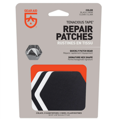 Packaging of Gear Aid Tenacious Tape with hexagonal shaped black and clear patches for repairing fabrics