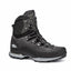A dark gray and black high-top hiking boot with gray laces and metal eyelets, shown from a three-quarters angle on a white background.