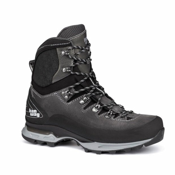 A dark gray and black high-top hiking boot with gray laces and metal eyelets, shown from a three-quarters angle on a white background.
