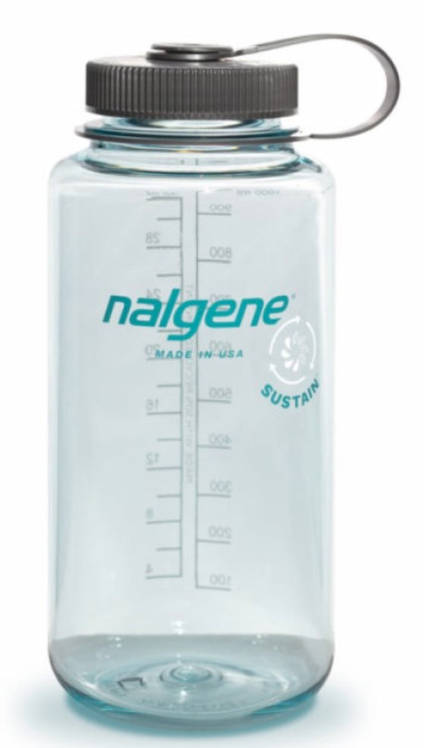 Nalgene water bottle with a clear design on a white background