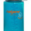 Blue Nalgene water bottle with white cap on a white background
