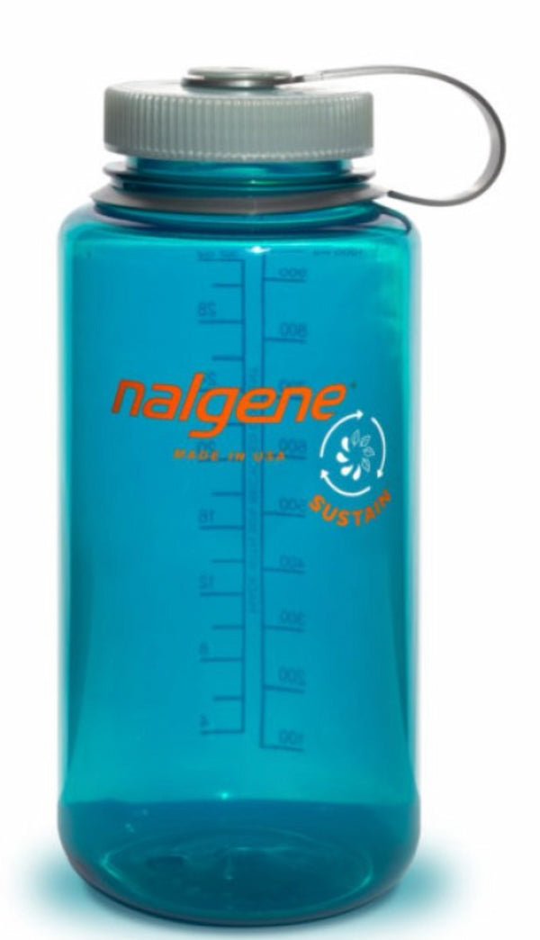 Blue Nalgene water bottle with white cap on a white background