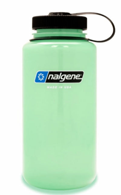 Green Nalgene water bottle with black lid on a white background