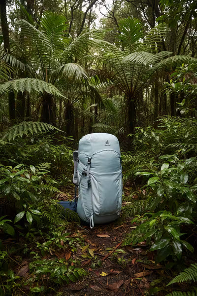 Light blue backpack in a dense forest