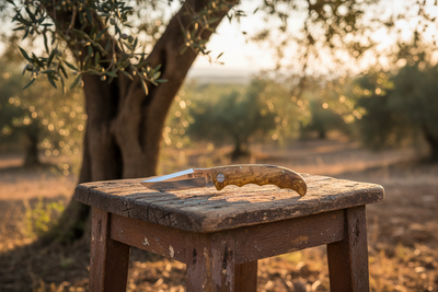 A Joker Factory Terrier hunting folding knife with an olive wood handle and a satin finish on the blade.