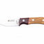 A fixed-blade knife with a silver stainless steel blade and a dual-tone wooden handle featuring a brown and tan grain pattern, set against a plain white background.
