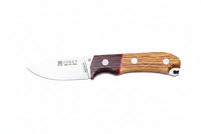 A fixed-blade knife with a silver stainless steel blade and a dual-tone wooden handle featuring a brown and tan grain pattern, set against a plain white background.