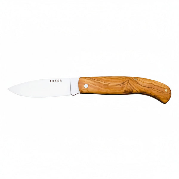A fixed-blade knife with a silver-colored steel blade and a polished olive wood handle, featuring the brand name 'JOKER' engraved on the blade, set against a plain white background.
