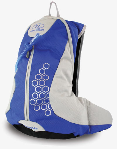 Blue and gray backpack with a brand logo on a white background
