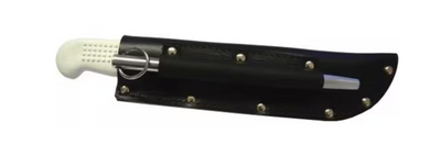 Knife with a black sheath and white handle on a white background