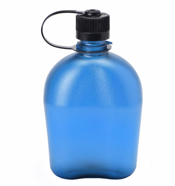 Blue water bottle with a black cap on a white background