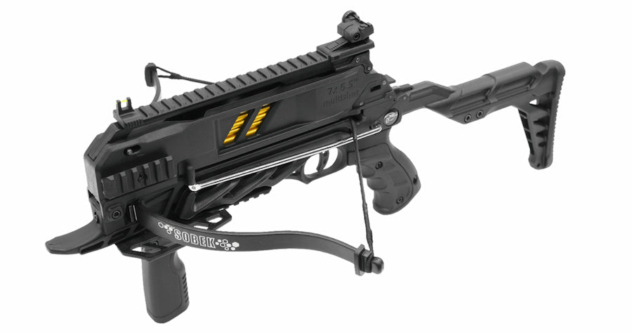 Black crossbow with visible branding on a white background