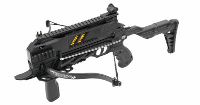 Black crossbow with visible branding on a white background