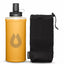 Yellow water bottle with black cap and black mesh pouch on a white background