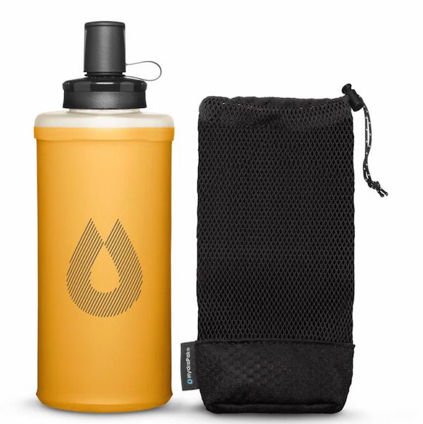 Yellow water bottle with black cap and black mesh pouch on a white background