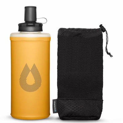 Yellow water bottle with black cap and black mesh pouch on a white background