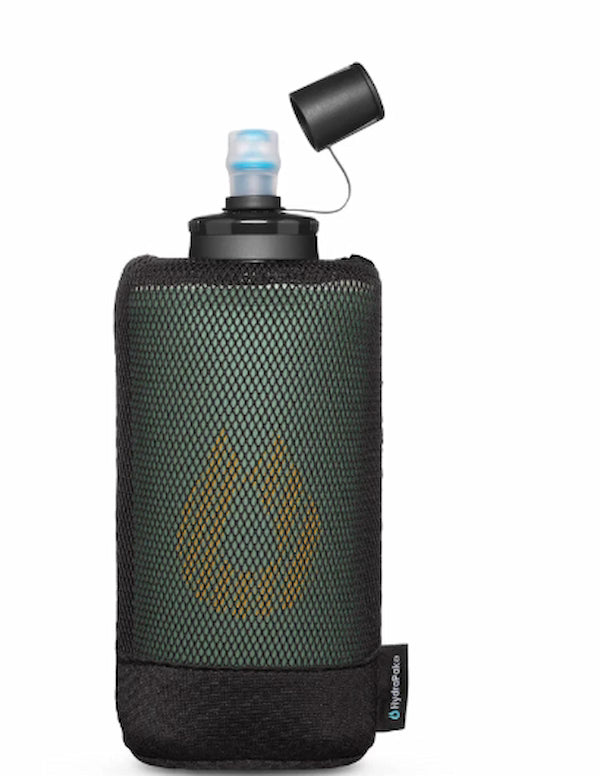 Black mesh water bottle holder with a black water bottle on a white background