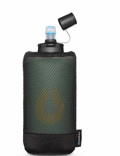 Black mesh water bottle holder with a black water bottle on a white background
