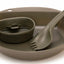 Green camping cookware set with pan, pot, and utensils on a white background