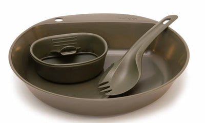 Green camping cookware set with pan, pot, and utensils on a white background