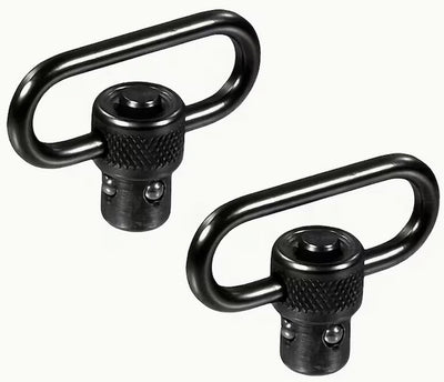 Two black metal QD (Quick Detach) swivel studs on a white background