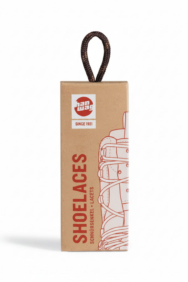 A brown cardboard shoe lace packaging box with a dark brown hanging loop, featuring red text that reads 'SHOELACES' and a red line drawing of a shoe lace, with the 'hanzap' brand logo at the top.