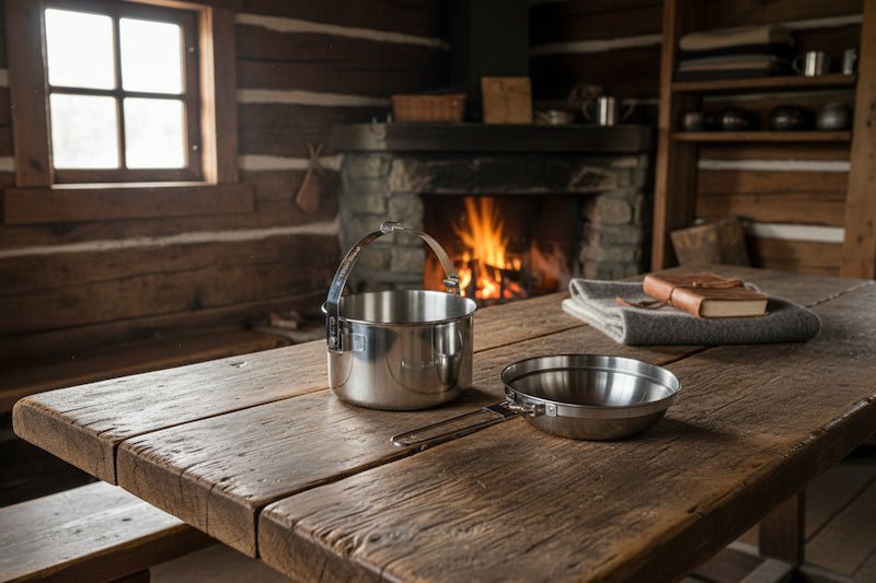 Wooden table with metal pots and a fireplace in the background