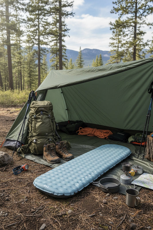 Camping setup with tent, backpack, sleeping pad, and cooking gear in a forest setting.