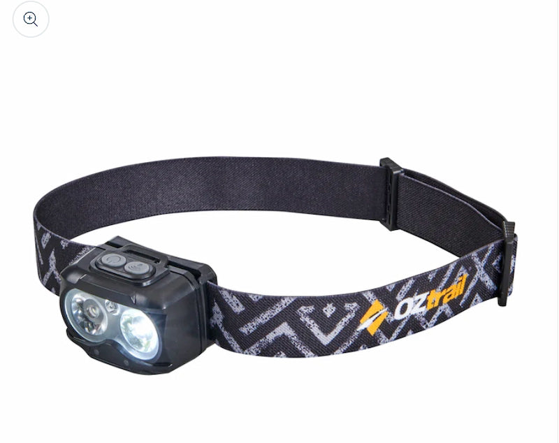 Headlamp with patterned strap on a white background