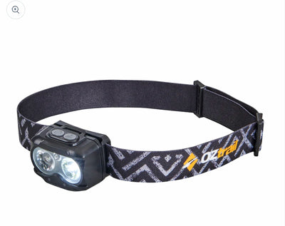 Headlamp with patterned strap on a white background