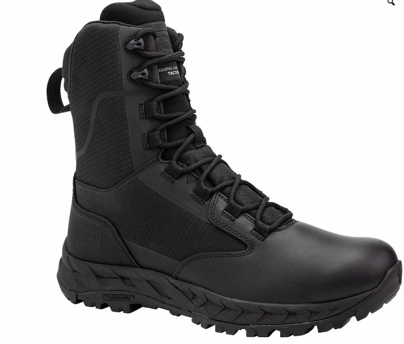 Black tactical boot on a white background