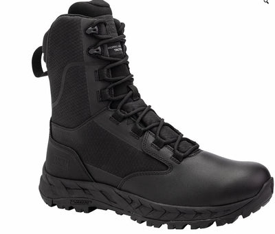 Black tactical boot on a white background