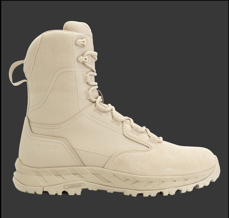 Beige tactical boot on a black background
