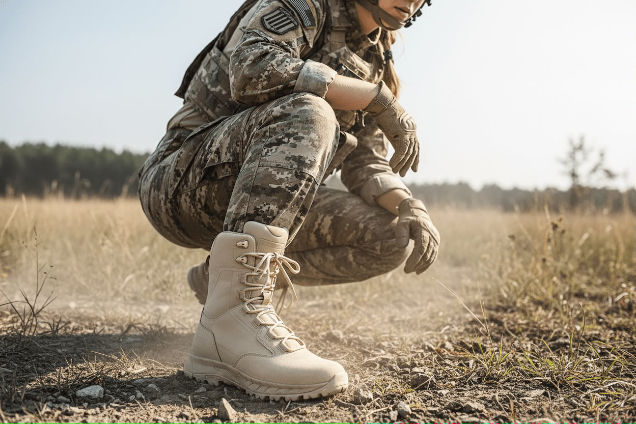 Person in military uniform and boots crouching in a field