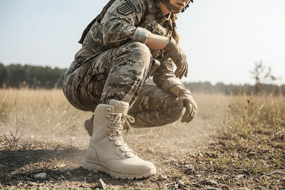 Person in military uniform and boots crouching in a field
