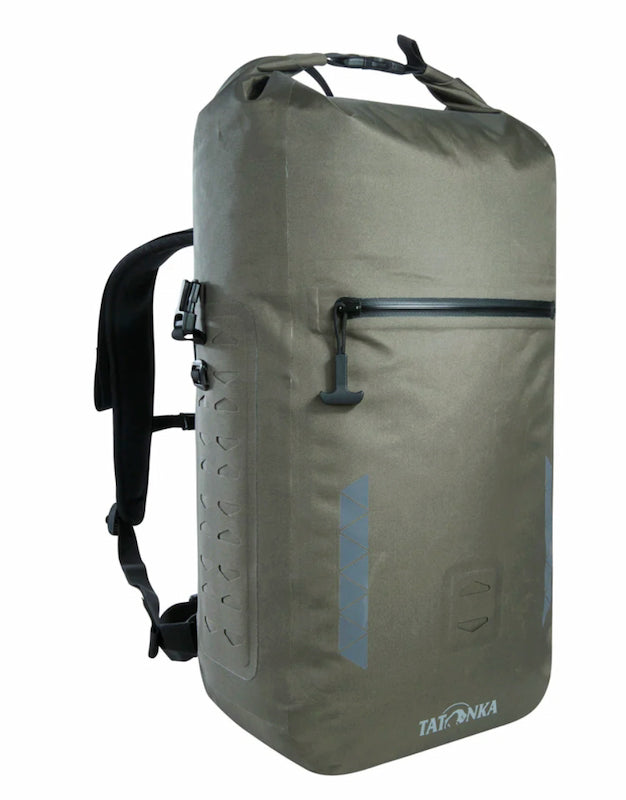 Gray backpack with black straps on a white background