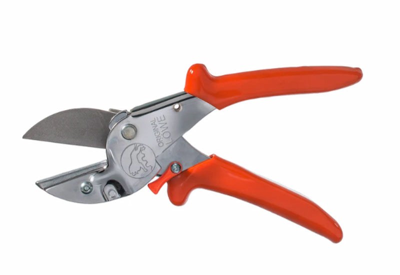 Pruning shears with red handles on a white background