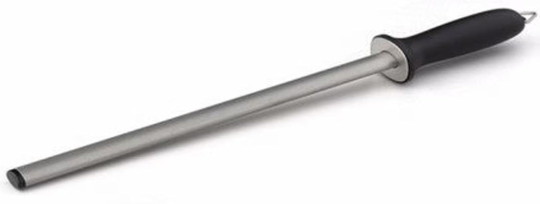 Long metal rod with black handle on a white background
