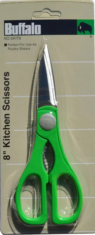 Green kitchen shears in packaging with 'Buffalo' branding