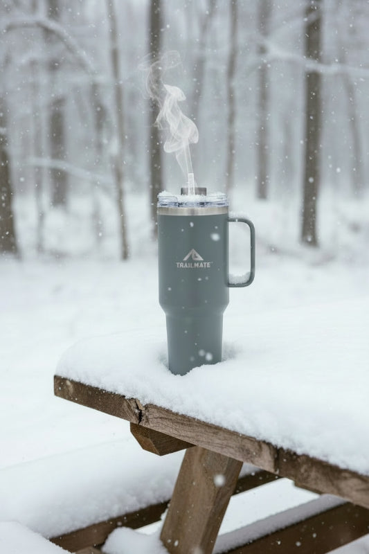 Gray insulated mug with steam on a snow-covered picnic table in a forest