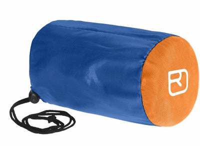 Blue and orange cylindrical bag with a brand logo on a white background