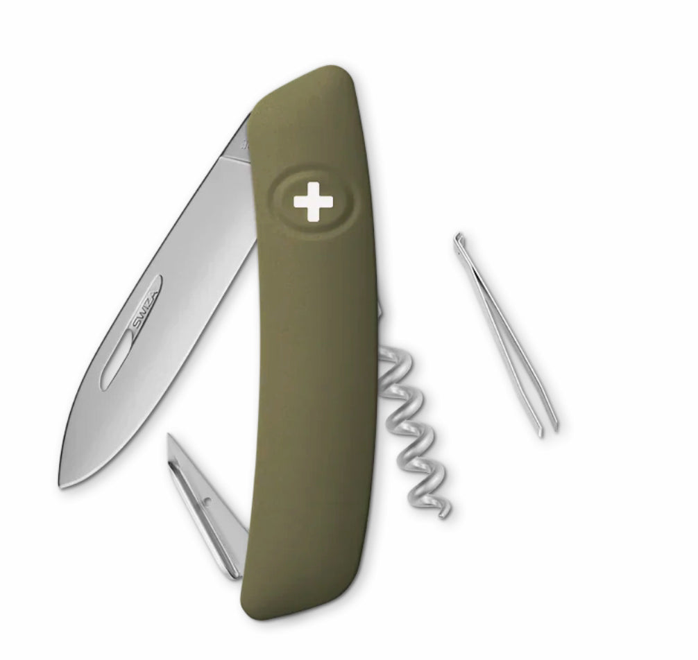 Swiss army knife with multiple tools on a white background