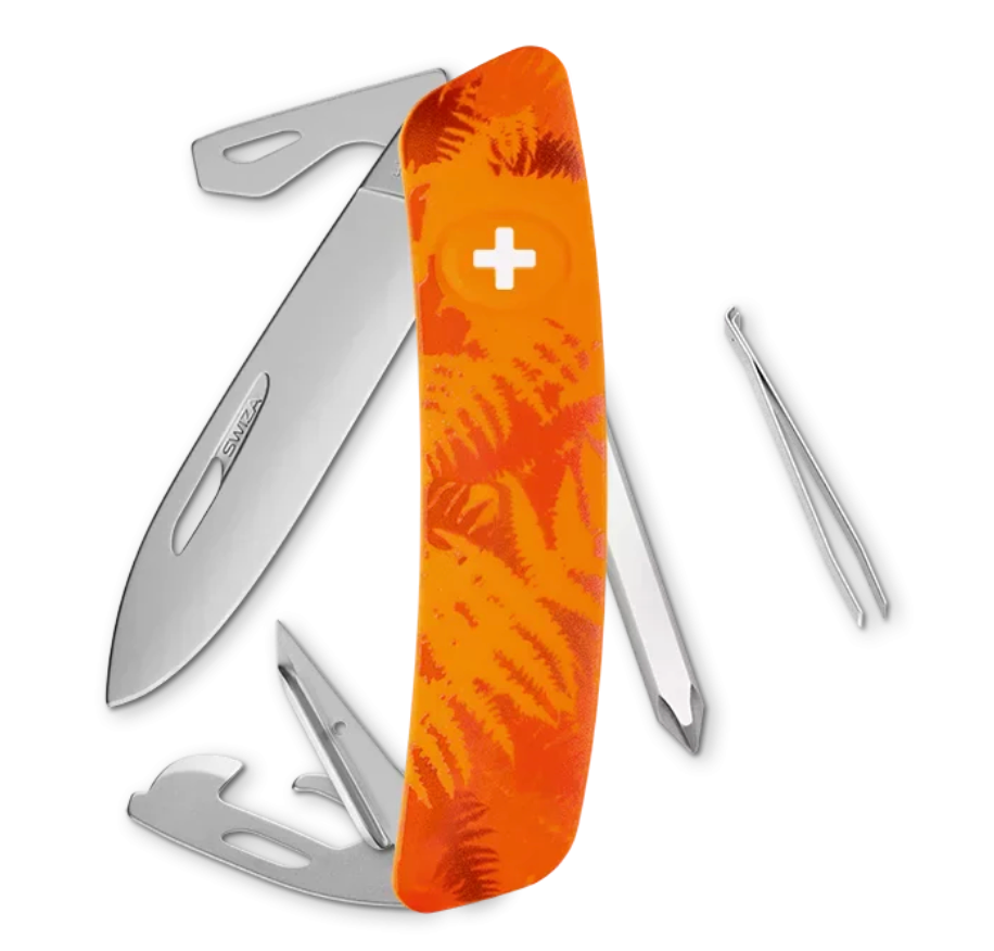 Swiss Army knife with orange patterned blade on a white background