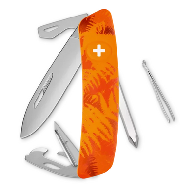 Swiss Army knife with orange patterned blade on a white background
