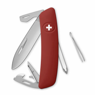 Red Swiss Army knife with silver tools on a white background