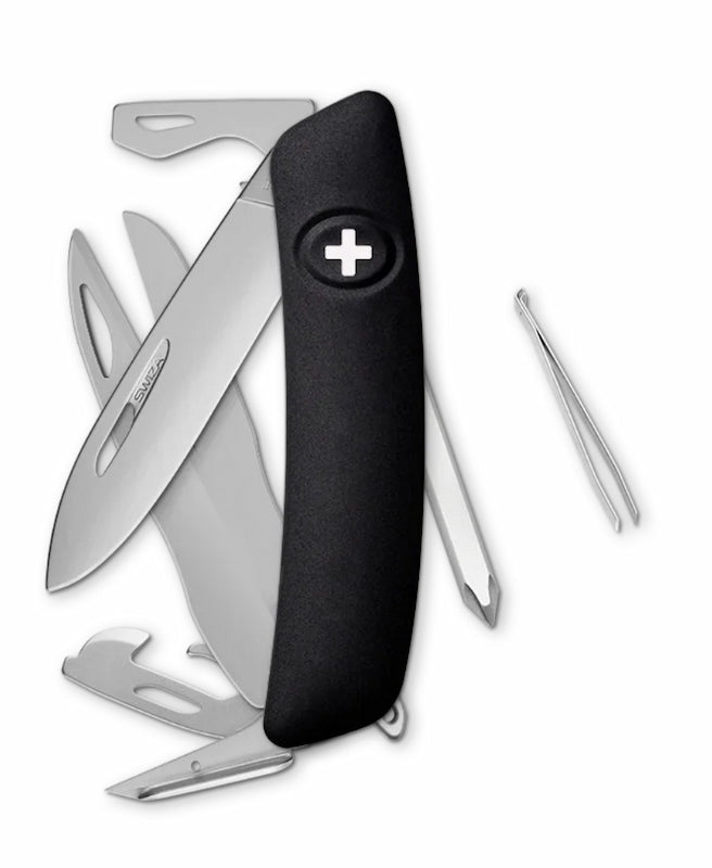 Multitool with black handle and silver tools on a white background