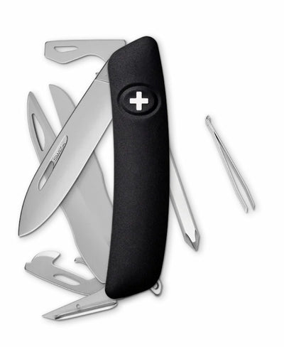 Multitool with black handle and silver tools on a white background